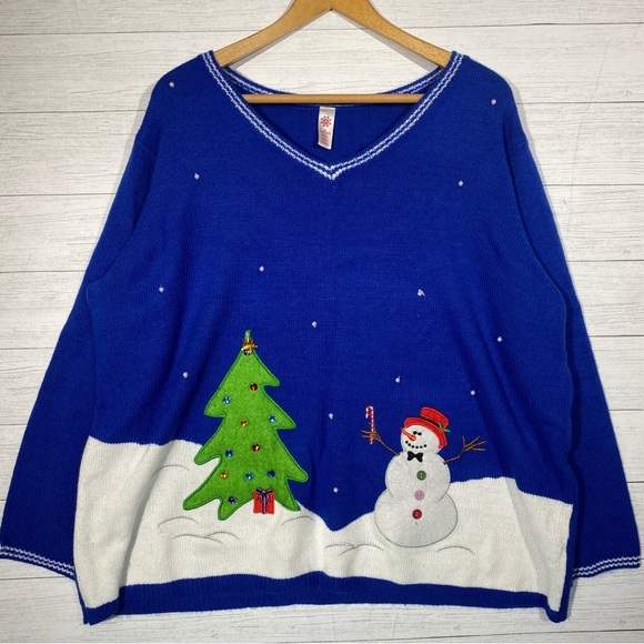 Christmas holiday spirit festive party sweater snowman bedazzled tree plus 4X - Picture 1 of 9